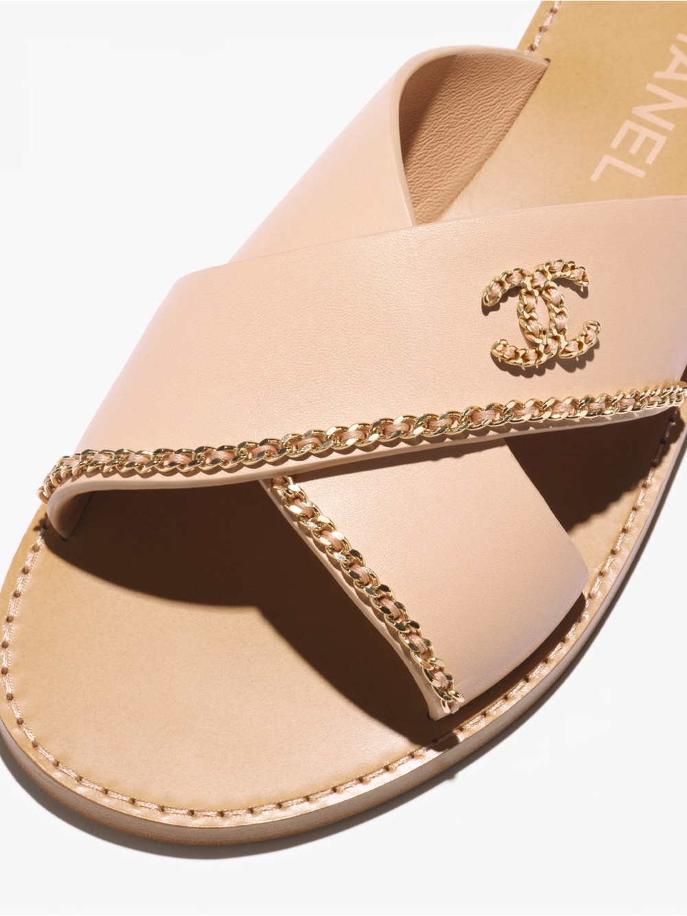 CHANEL Blush Pink Leather Slide Sandals with Gold Chain Trim